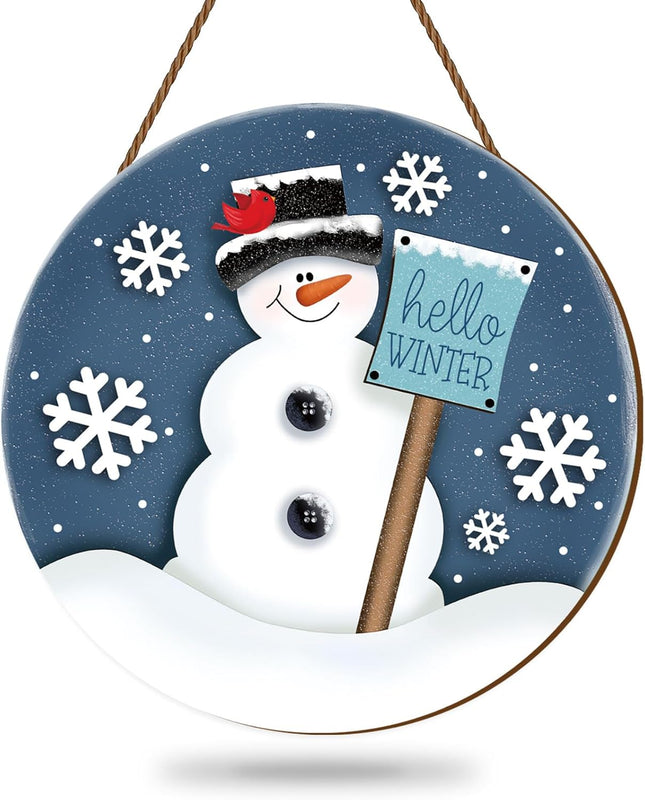 Whaline Christmas Snowman Wooden Hanging Sign Hello Winter Door Hanger Sign Snowflake Front Door Decor Xmas Winter Welcome Wreath Sign for Indoor Outdoor Home Farmhouse Wall Window Decor