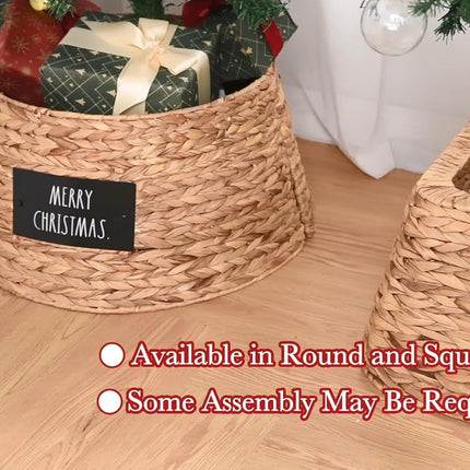 Rae Dunn Christmas Tree Collar - Base Decoration to Cover Artificial Christmas Tree Stand - Rustic & Farmhouse Holiday Decorations (Woven Square - Merry Christmas)