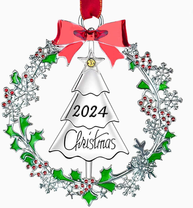 Christmas Ornament with Metal Christmas Wreath,Funny Holiday Xmas Keepsake Pendant,Shiny Silver Christmas Tree Ornaments Decorated with Snowflakes,Holiday Decorative s for Family Friends