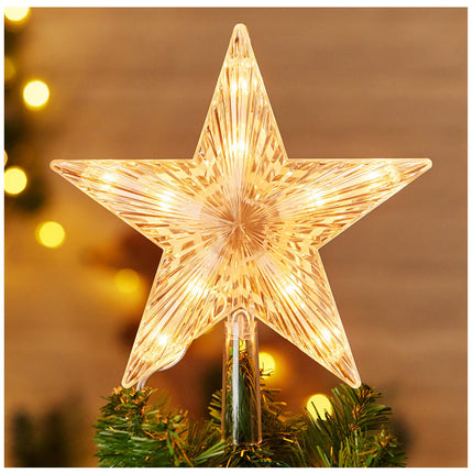 Christmas Tree Topper Lighted Star with Built-in 10 Replaceable Bulbs, 9.5” Clear Five-Pointed Star Tree Topper Plug in for Indoor Office Xmas Year Holiday Tree Decoration, Warm White