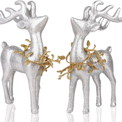 2 pcs Reindeer Christmas Decorations, Silver Christmas Reindeer Figurines with Gold Eucalyptus Garland, Indoor Deer Décor Christmas Table Centerpieces Decorations