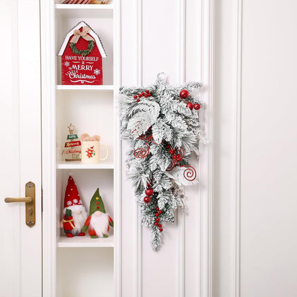 SHACOS 30" Flocked Christmas Teardrop Swag Artificial Snow Pine Spruce Cedar Decorative Swag Red Berries Christmas Balls Pine Cones Swag for Front Door Window Wall Stairs Xmas Decor