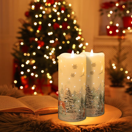 Eywamage Forest Deer Fiber Optic Flameless Pillar Candles with Remote, Flickering Christmas LED Battery Candles Set of 3