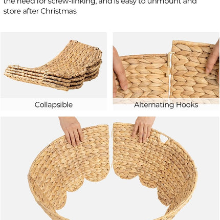 StorageWorks 24" Scalloped Christmas Tree Collar, Wicker Christmas Tree Base Skirt with Water Hyacinth, Rustic Tree Ring Stand Cover for Christmas Home Party Farmhouse Artificial Trees Décor
