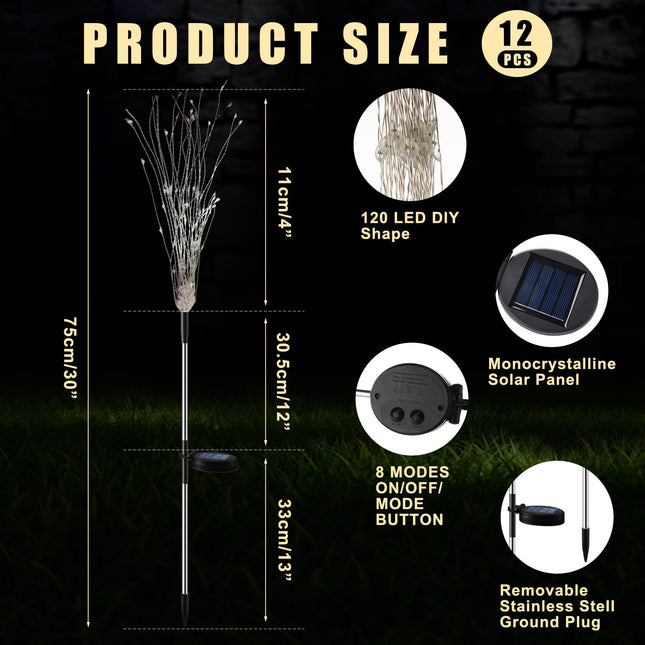 Retisee 12 Pcs LED Firework Lights Colorful Waterproof Solar Lights 8 Lighting Modes Fairy Fireworks Lamp for Holiday Backyard Garden Patio Parties Walkway Decor