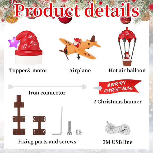 Christmas Animated Tree Topper with Banner Christmas Santa's Hot Air Balloon and Plane with Banner Funny Christmas Tree Topper Christmas Tree Decorations