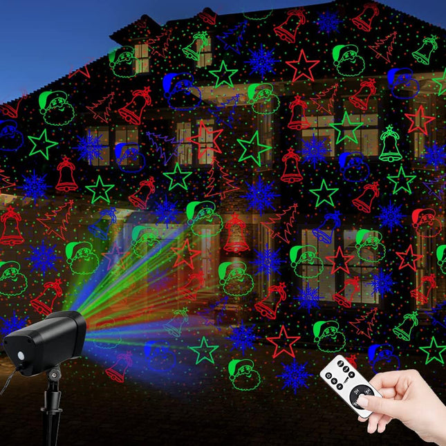 Christmas Laser Lights Outdoor, Christmas Projector Lights Outdoor with 9 Moving Red, Green, Blue Patterns, Remote Control, IP65 Waterproof for Outdoor Christmas, Decoration, Year, Holiday