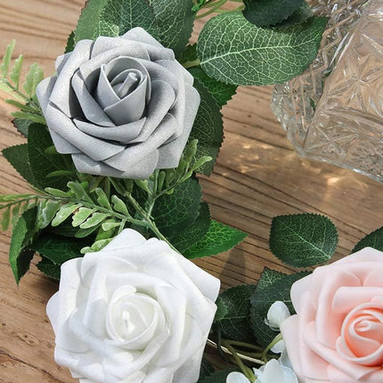 Floroom Artificial Flowers 50pcs Real Looking Shimmer Silver Grey Foam Fake Roses with Stems for DIY Christmas Tree Xmas Wedding Bouquets Party Tables Centerpieces Floral Arrangements Home Decor