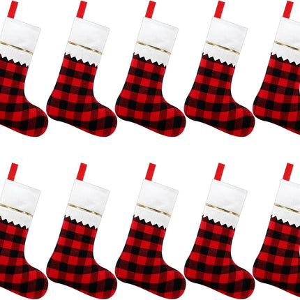 NOVWANG 10 Pack Christmas Stockings, 15.5 Inch Red Black Buffalo Plaid Christmas Stockings Bulk Festive Holiday Decor for Tree, Fireplace, Wreath