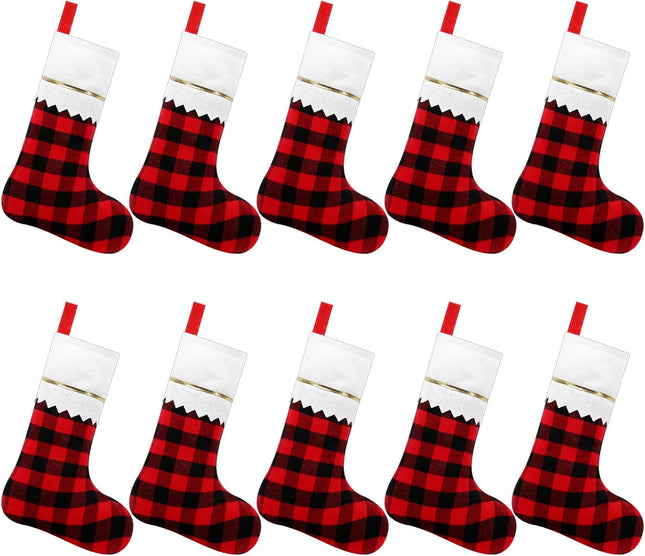 NOVWANG 10 Pack Christmas Stockings, 15.5 Inch Red Black Buffalo Plaid Christmas Stockings Bulk Festive Holiday Decor for Tree, Fireplace, Wreath