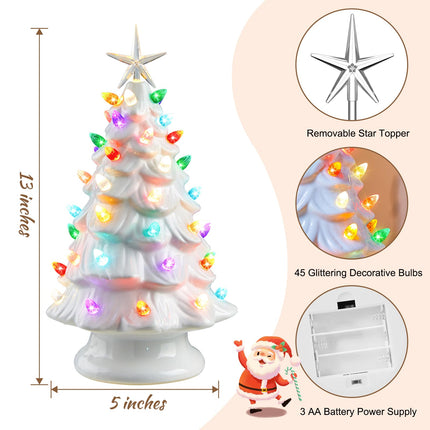 13 Inch Ceramic Christmas Tree, Pre-lit Tabletop Christmas Tree with Multicolored LED Lights and Star, Battery Operated, White