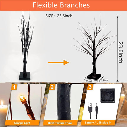 Dimmable 23.6 Inch Halloween Tree Halloween Decorations with 24LED Orange and Purple Lights and Halloween Indoor Tabletop Black Tree with Spider and Scary Web,8 Light Modes,USB/Battery Power