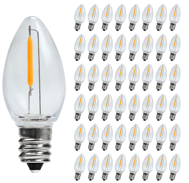 C7 LED Night Light Bulbs, C7 Led Replacement Bulbs for Christmas String Lights, Shatterproof & Waterproof C7 Led Bulbs, E12 Candelabra Base, 0.6W Equivalent to 7W, 2200K Warm White, ‎Plastic 50 Pack