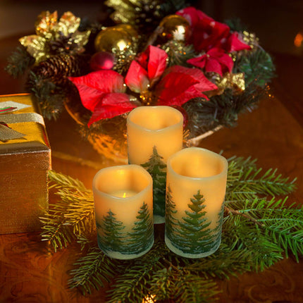 Rocinha Christmas Flameless Candles with Timer Battery Operated Flickering Candles Set of 3 Real Wax Christmas Pillar Candles with Christmas Tree Printing
