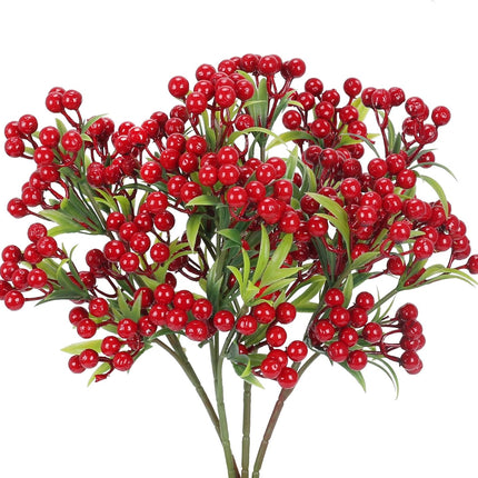 XHXSTORE 4Bundles Artificial Red Berries Christmas Greenery Stems Faux Burgundy Red Holly Berry with Green Leaves for Xmas Tree Home Wedding Flower Arrangement DIY Wreath Holiday Decor