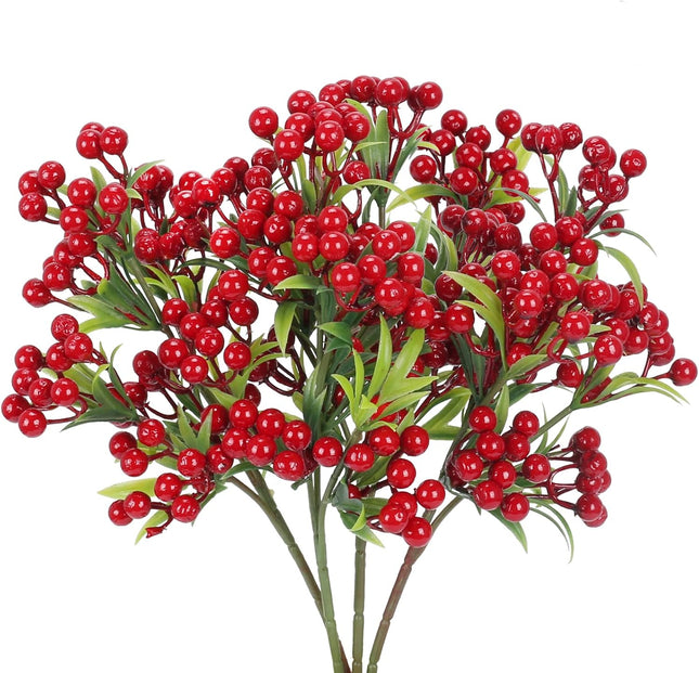 XHXSTORE 4Bundles Artificial Red Berries Christmas Greenery Stems Faux Burgundy Red Holly Berry with Green Leaves for Xmas Tree Home Wedding Flower Arrangement DIY Wreath Holiday Decor