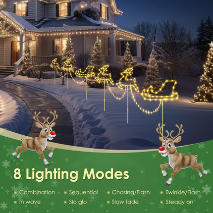 Novtech 7.6FT Long Christmas Pathway Lights Outdoor, 12 x 12 Inch Reindeer Christmas Outdoor Decorations Battery Operated, 129 LEDs 8 Modes Warm White IP65 Waterproof Christmas Lights for Yard/Garden