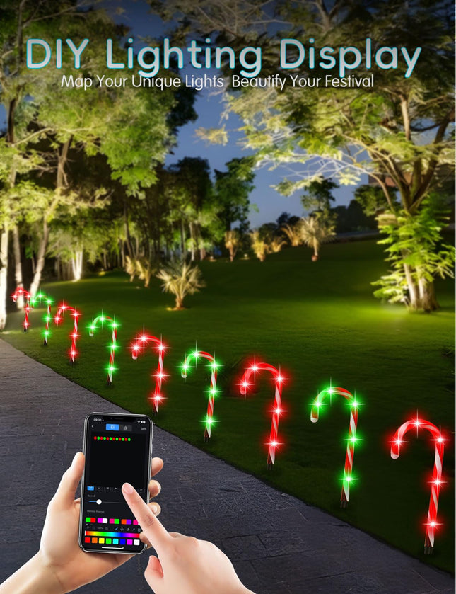 12 Pack Smart Christmas Pathway Lights Outdoor, DIY Chasing Effects Music Sync Timer APP Control RGB Candy Cane Lights, 10'' Outdoor Christmas Decorations for Yard Patio Walkway Garden, NO Extend