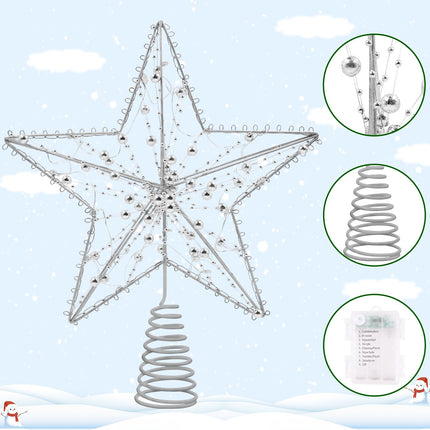 Silver Christmas Tree Topper Star with 20 Pure White LED Lights and Pearl Beads, Remote Control Star Tree Topper for Christmas Tree Decorations and Xmas Holiday Décor, Battery Required