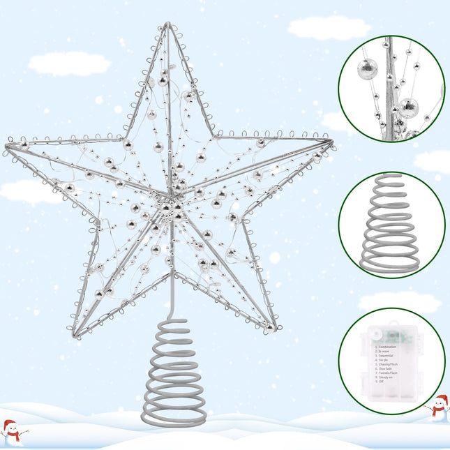 Silver Christmas Tree Topper Star with 20 Pure White LED Lights and Pearl Beads, Remote Control Star Tree Topper for Christmas Tree Decorations and Xmas Holiday Décor, Battery Required