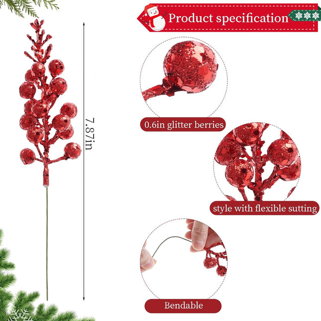 36pcs Glitter Berries Stems, 7.9 Inch Christmas Berries Stems Glitter, Artificial Berry Picks Christmas Red Berries Stems for Vases for Decoration Christmas Tree Wreath