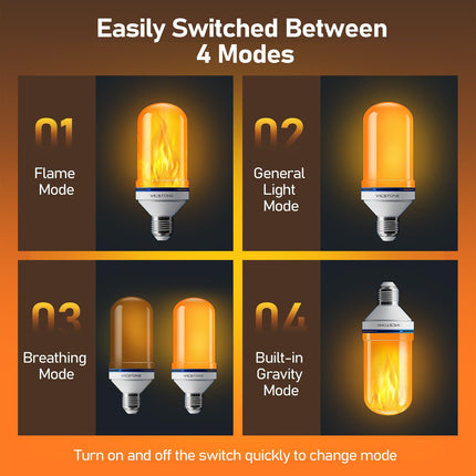 d LED Flame Light Bulbs, 4-Mode Flickering Light Bulbs with Upside Down Effect, E26 Fire Light Bulb for Porch Party Patio Home Halloween Christmas Indoor Outdoor - 4 Pack
