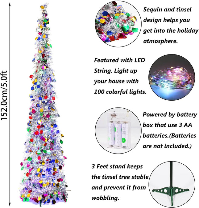 Orgrimmar 5FT Artificial Christmas Tree Pop Up Christmas Tree Tinsel Coastal Pencil Tree with 100 Multi-Color LED Lights for Holiday Home Party Decoration (Multi)