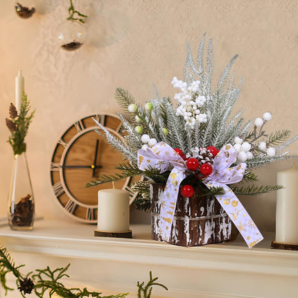 LOLStar Christmas Trees, Tabletop Artificial Mini Christmas Tree Decorations with Christmas Ball Ornaments Pine Cone Red White Berry for Xmas Fireplace Mantel Party Winter Indoor Outdoor Decoration