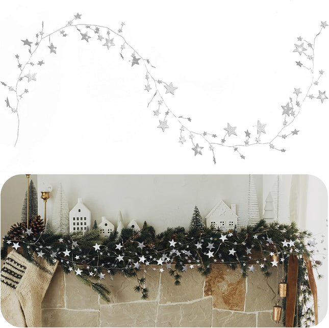Jutom Glitter Star Garland Banner Christmas Party Decoration Sparkling Bunting Sliver Banner Hanging Decoration Wall Decor 72 Inch for Birthday Wedding Christmas Party Supplies Ladder Dress Up