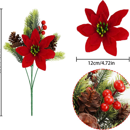 Uieke 4 PCS Artificial Christmas Picks Pine Branches with Red Berry Stems, 13.6'' Poinsettia Christmas Tree Picks Faux Evergreen Sprigs for Home DIY Wreath Craft Winter Festive Decor