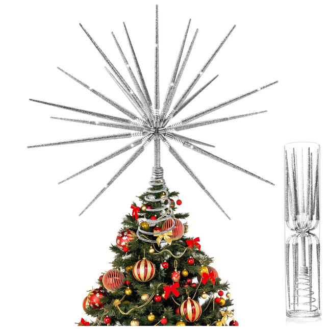 Silver Christmas Tree Topper 13.7 Inch - Silver Starburst Silver Tree Topper, Exploding Star Christmas Tree Decorations
