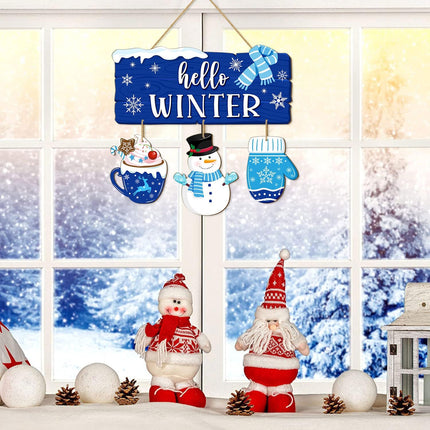 Christmas Hello Winter Door Sign, Winter Snowman Wooden Hanging Sign, Welcome Xmas Wall Decor Blue Gloves Scarf Snowflakes Rustic Winter Wreath for Holiday Indoor Outdoor Home Decor