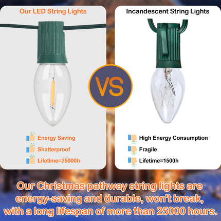 C9 Christmas String Lights for Pathway , 26FT LED 20 Clear Lights with 20 Stakes, Waterproof Shatterproof 2700K Warm White Linkable Walkway Lights for Outdoor Indoor Xmas Driveway Yard Garden Decor