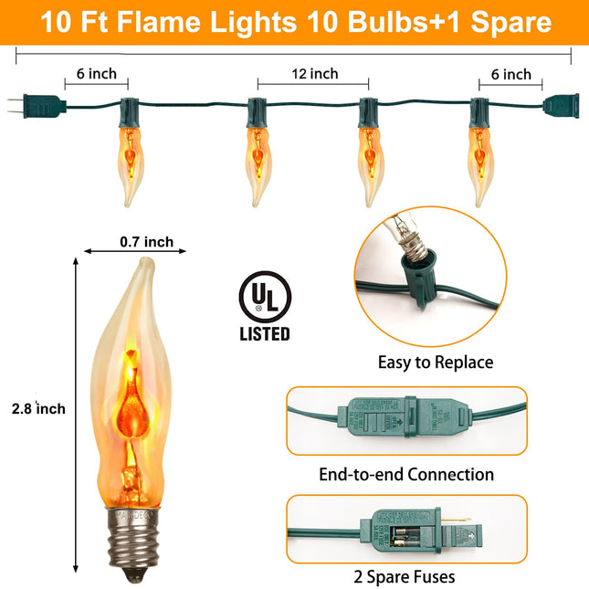 10Ft Christmas Flickering Flame String Lights with 11Pack Clear Glass Flame Light Bulbs, C18 E12 Base Flame Lights Christmas String Lights Indoor Outdoor Home Party Christmas Decorations-Green Wire