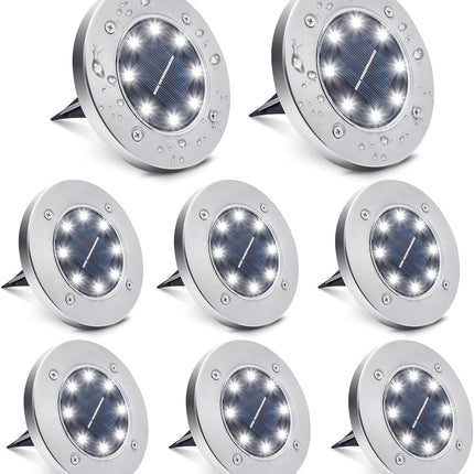 8 Pack White Solar Ground Lights,8 Led Waterproof InGround Lights Solar Powered Garden Lights Patio Disk Lights Outdoor Landscape