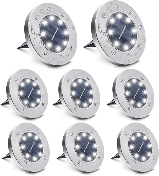 8 Pack White Solar Ground Lights,8 Led Waterproof InGround Lights Solar Powered Garden Lights Patio Disk Lights Outdoor Landscape