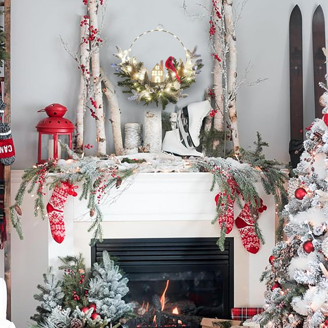 Stunning Prelit Christmas Hoop Wreath for Front Door (16inch),Door Wreath -40 LEDs Lights Adorn, Charming Cardinal & House –Christmas Holiday Winter Decor