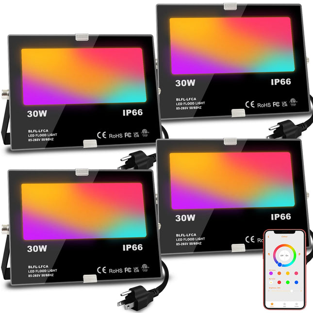 MELPO LED Flood Light Outdoor 30W, 300W Equivalent 3000LM Smart RGB Landscape Lighting with APP Control, DIY Scenes - Timing - Warm White 2700K - Color Changing Uplight, IP66, US Plug (4 Pack)