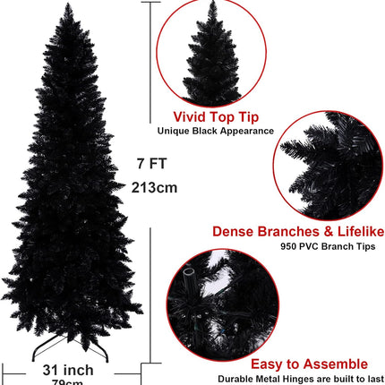 7ft Artificial Pencil Slim Black Christmas Tree Unlit-Tall Skinny Hinged Full Real Tall Halloween Xmas Tree with 950 Branch Tips-Foldable Metal Stand-Easy Setup-Holiday Outdoor Indoor Décor