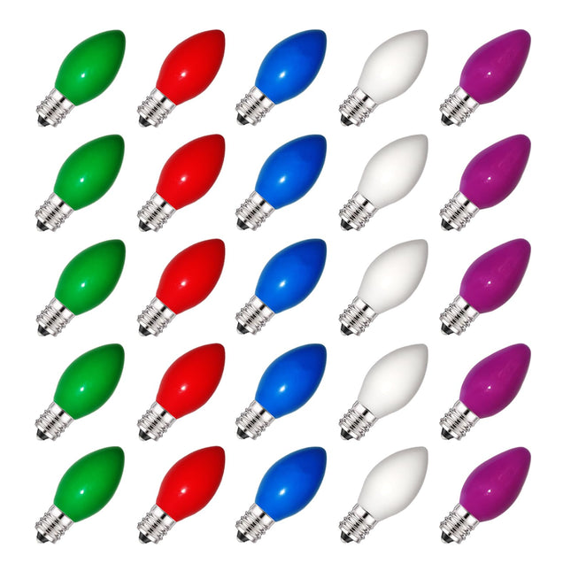 C7 Multicolor Christmas Replacement Bulbs, 25 Pack Ceramic Color Christmas Light Bulbs, Vintage Edison Light Bulbs for C7 Christmas Lights, Night Light, Candle, Chandelier, E12 Candelabra Base, 5 Watt