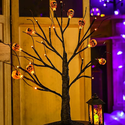 2Pack Halloween Tree, Black Spooky Tree with 24LED Orange Lights and 10 Pumpkin Ornaments Battery Powered 18IN Lighted Halloween Bonsai Tree for Indoor Tabletop Halloween Party Decoration