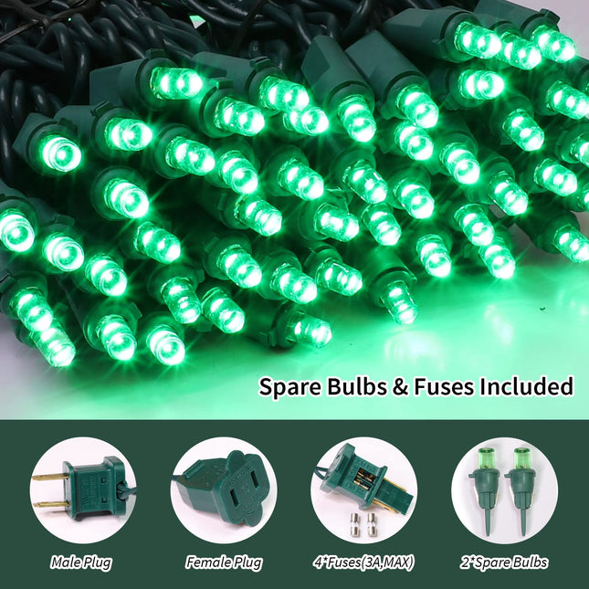 Green Wide Angle LED Christmas Lights, 64.8 Ft 300 Count, Pack of 3 Strands 21.9 Ft 100 Lights UL Commercial Grade Green Wire 5mm Holiday String Light