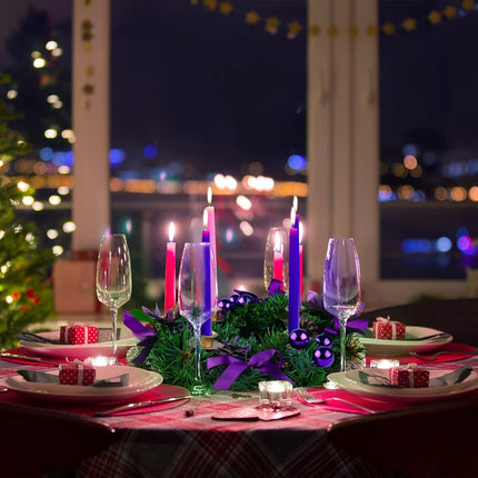 MCEAST 12 Inch Christmas Centerpiece Wreath Candle Holder with Purple Ribbon, Bowknots, Pine Cones for Home and Church Decoration