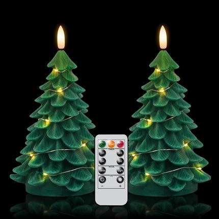 DRomance Christmas Tree Flameless Candles String Lights with 11-Key Remote and Timer, 2 Pack Green Real Wax Battery Operated 3D Wick LED Flickering Candles Dinner Holiday Indoor Decor(3" x 7.1")