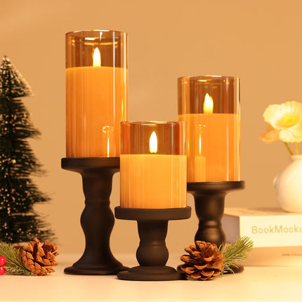 Lecone Glass Flameless Candles, Battery Operated Flameless Candles with Remote Control and Timer, Real Wax Candles LED Flickering Light for Festival Wedding Home Party Christmas Decor(Pack of 3)-Gold