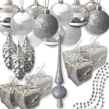 Christmas Tree Ornaments - Set of 27 - Assorted Styles and Shapes - Xmas Holiday Balls, Silver Presents, Shiny Pine Cones with White Glitter and a Tree Topper 1.5" to 3.5"