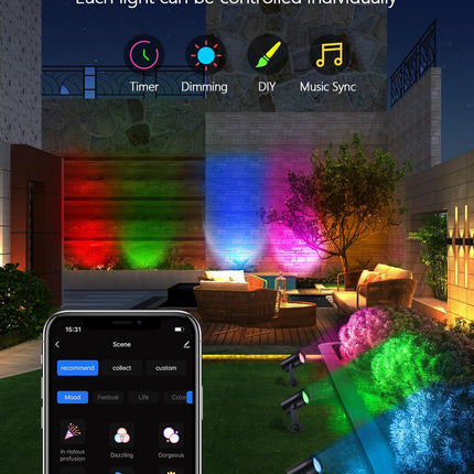 Smart Landscape Lighting, IP67 Waterproof Landscape Spotlights, 3000LM Dimmable RGBICW Pathway Lights Work with Alexa, Spot Lights for Christmas Outdoor Decoration, 4 Pack