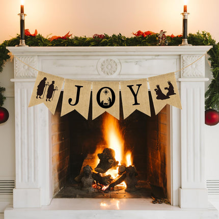 Doumeny Christmas Burlap Banner Nativity Joy Burlap Banner Nativity Scenes Bunting Banner Xmas Holiday Banner Garland Rustic Merry Christmas Hanging Banner for Year Party Home Mantel Fireplace