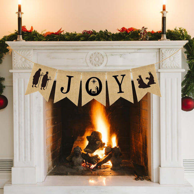 Doumeny Christmas Burlap Banner Nativity Joy Burlap Banner Nativity Scenes Bunting Banner Xmas Holiday Banner Garland Rustic Merry Christmas Hanging Banner for Year Party Home Mantel Fireplace