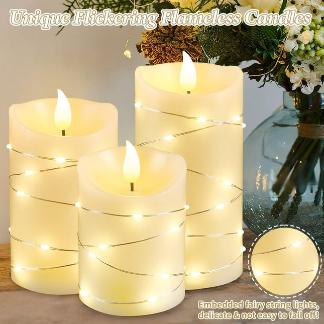 Palmatte 3PCS Fall Christmas Flameless Candles with Remote Timer String Lights 3D Flame, Electric Battery Operated Candles Flickering Fake Led Pillar Candles Fall Decorations for Home Table Room Decor